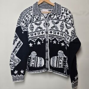VTG Christopher & Banks Black White Hand Knit Christmas Sweater Shoulder pads M‎